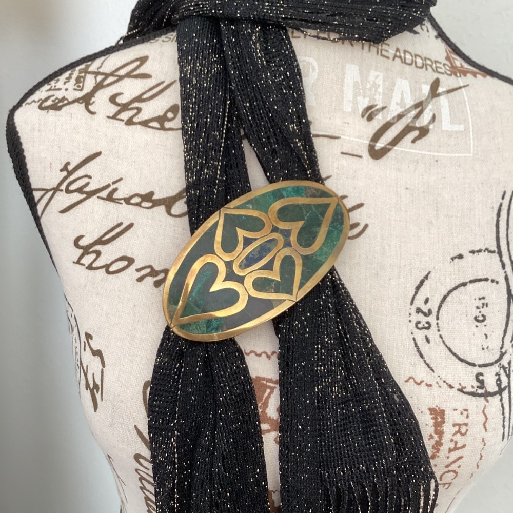 Beautiful Brass Jasper/Turquoise Heart Inlay Design Belt/Scarf Buckle Slide - Picture 10 of 10